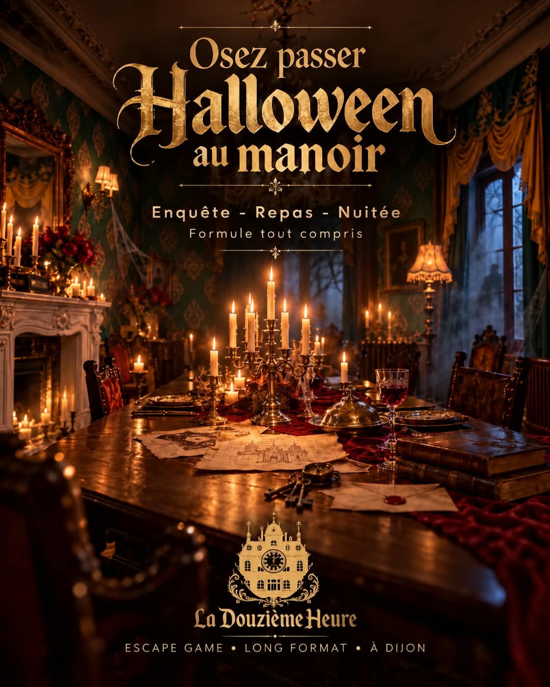 Une table de manoir dressée à la lumière des chandeliers