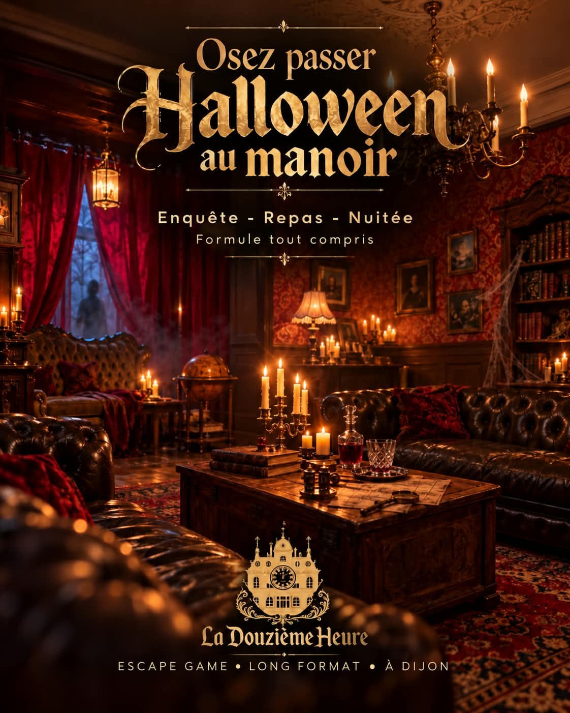 Salon victorien aux velours bordeaux et aux lumières chaleureuses