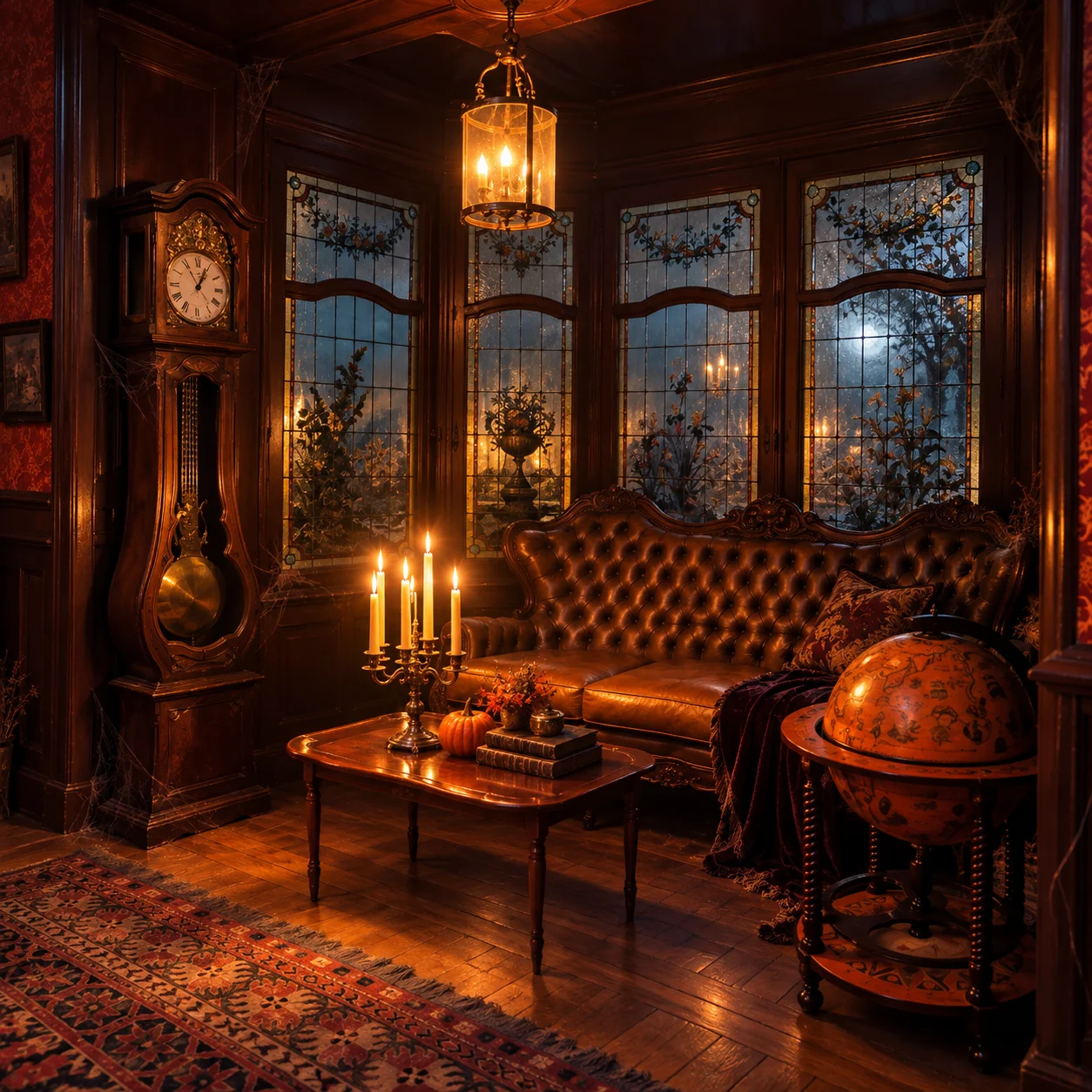 Illustration du salon pour Halloween : vitraux, canapé capitonné, horloge ancienne et globe à la lueur des bougies